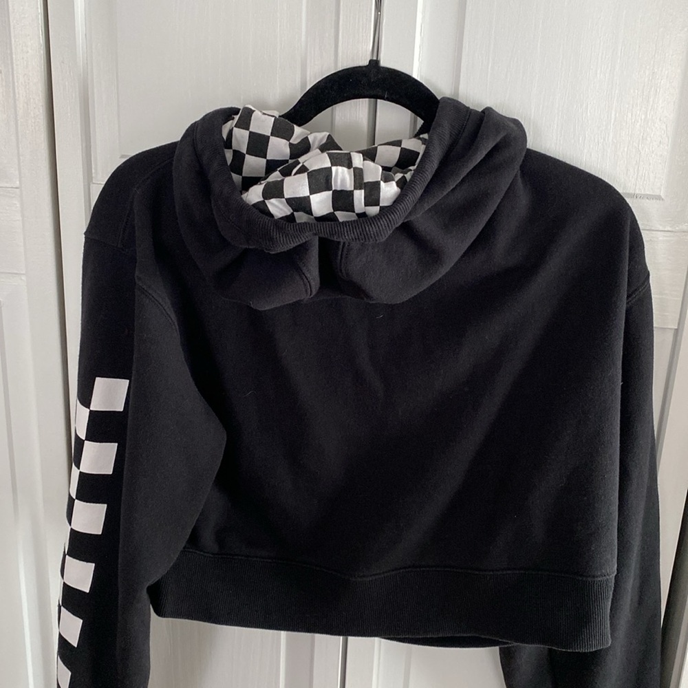 Vans Black Cropped Zip-up Hoodie with Checkerboard Sleeves & Checkerboard Hood - Picture 3 of 4